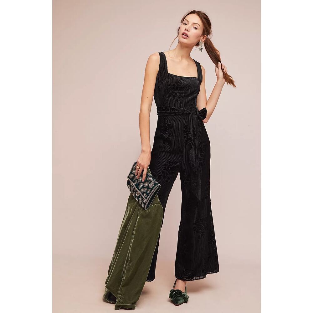 Moulinette Soeurs by Anthropologie Floral Velvet Stripe Jumpsuite Sleeveless Zip